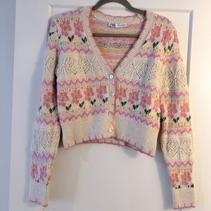 Zara Pink and Cream Floral Cardigan